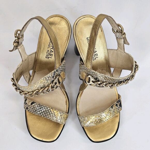 Michael Kors Sandal Women 7M Gold Snake Animal High Heel Chunky Boho Y2K 4.5"H - Picture 3 of 9